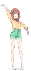 Rule 34 | 1girl, akinbo (hyouka fuyou), arm up, bare legs, barefoot, braid, brown hair, closed mouth, delicious party precure, full body, green shorts, hanamichi ran, highres, long sleeves, medium hair, off-shoulder shirt, off shoulder, outstretched arms, precure, red eyes, shirt, short shorts, shorts, simple background, smile, solo, standing, watch, white background, wristwatch, yellow shirt