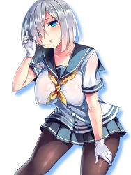 Rule 34 | 10s, 1girl, blush, breasts, brown pantyhose, chestnut mouth, covered erect nipples, cowboy shot, gloves, hair ornament, hair over one eye, hairclip, hamakaze (kancolle), highres, huge breasts, kantai collection, leaning forward, looking at viewer, no bra, open mouth, pantyhose, school uniform, see-through, serafuku, short hair, short sleeves, silver hair, simple background, skirt, solo, sweat, tsukumiya amane, wet, wet clothes, white background, white gloves