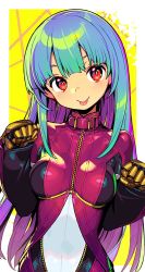 Rule 34 | 1girl, :p, blue hair, breasts, clenched hands, cropped jacket, jacket, kula diamond, long hair, looking at viewer, medium breasts, onono imoko, purple jacket, red eyes, solo, the king of fighters, tongue, tongue out, yellow background, zipper
