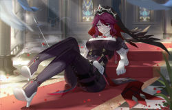Rule 34 | 1girl, absurdres, black legwear, boots, breasts, church, elbow gloves, genshin impact, gloves, high collar, high heel boots, high heels, highres, indoors, large breasts, linreplica, looking at viewer, nun, puffy sleeves, purple hair, red eyes, rosaria (genshin impact), rosaria (to the church&#039;s free spirit) (genshin impact), shoe soles, short hair, sitting, solo, tailcoat, thigh boots, white gloves