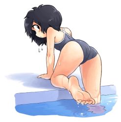 Rule 34 | 1girl, ass, barefoot, black eyes, black hair, blush, competition school swimsuit, feet, from behind, legs, looking back, one-piece swimsuit, original, oyatsu (mk2), plantar flexion, poolside, school swimsuit, shadow, short hair, soles, solo, swimsuit, toes, wet, white background