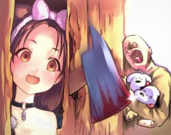 Rule 34 | 1girl, :3, animal ears, axe, bad id, bad twitter id, blood, bloody weapon, bow, breaking, breaking and entering, broken door, brown eyes, brown hair, choker, commentary request, crazy eyes, crazy smile, dog ears, dog girl, door, empty eyes, eyebrows, forehead, futo-inu, here&#039;s johnny! (meme), hololive, horror (theme), hoso-inu, ikayaki (ikayaki4), inugami korone, inugami korone (loungewear), listener (inugami korone), meme, open mouth, parody, pink bow, pom pom (clothes), screaming, severed finger, smile, the shining, virtual youtuber, weapon