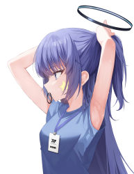 Rule 34 | 1girl, absurdres, arms up, blue archive, blue eyes, blue shirt, blush, breasts, closed mouth, commentary request, facial mark, hair tie, hair tie in mouth, halo, highres, lanyard, lisu, long hair, looking away, medium breasts, mouth hold, ponytail, profile, purple hair, shirt, short sleeves, simple background, solo, star (symbol), sweat, tying hair, upper body, very long hair, white background, yuuka (blue archive), yuuka (track) (blue archive)
