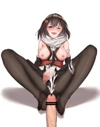 Rule 34 | 1girl, akashiro yulice, alternate legwear, bar censor, black eyes, black gloves, black pantyhose, black skirt, blush, breasts, breasts out, brown eyes, censored, commission, cum, ejaculation, elbow gloves, erection, footjob, gloves, hair ornament, highres, kantai collection, medium breasts, nipples, one eye closed, panties, panties under pantyhose, pantyhose, penis, pixiv commission, scarf, school uniform, sendai (kancolle), sendai kai ni (kancolle), serafuku, skirt, solo focus, thigh strap, thighband pantyhose, two side up, underwear, white panties, white scarf