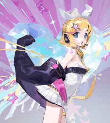 Rule 34 | 1girl, ariozara, bare shoulders, black jacket, blonde hair, blue eyes, bow, breasts, dress, dyed bangs, fang, hair bow, hair ornament, hairclip, headphones, headset, heart, heart background, highres, jacket, kagamine rin, leaning forward, legband, long sleeves, looking at viewer, microphone, miniskirt, muse dash, necktie, no bra, off shoulder, open mouth, pink background, short hair, shoulder tattoo, skin fang, skirt, sleeveless, sleeveless dress, small breasts, solo, star (symbol), star hair ornament, strapless, strapless dress, swept bangs, symbol in eye, tattoo, turning head, vocaloid, yellow necktie