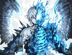 Rule 34 | 1boy, absurdres, antenna hair, blood, blue eyes, closed mouth, flaming skull, gauntlets, granblue fantasy, highres, kankan33333, looking at viewer, lucilius (granblue fantasy), male focus, skeleton, smile, spread wings, upper body, white hair, wings
