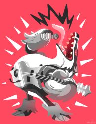 Rule 34 | claws, commentary, creatures (company), electric guitar, emphasis lines, english commentary, game freak, gen 8 pokemon, guitar, holding, holding instrument, holding microphone, instrument, leaning back, microphone, music, nintendo, obstagoon, pink background, pokemon, pokemon (creature), sharp teeth, signature, simple background, singing, solo, standing, teeth, tongue, tongue out, versiris