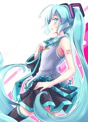 Rule 34 | 1girl, absurdly long hair, akino coto, aqua eyes, aqua hair, aqua necktie, bare shoulders, belt, black skirt, black sleeves, black thighhighs, commentary, cowboy shot, detached sleeves, from side, grey nails, grey shirt, hair ornament, hand on own hip, hatsune miku, highres, long hair, looking at viewer, miniskirt, nail polish, necktie, open mouth, pleated skirt, shirt, shoulder tattoo, sideways glance, single detached sleeve, skirt, sleeveless, sleeveless shirt, solo, symbol-only commentary, tattoo, thighhighs, twintails, very long hair, vocaloid, white background, zettai ryouiki