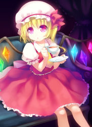 Rule 34 | 1girl, :o, ascot, blonde hair, couch, cup, curtains, flandre scarlet, hat, hat ribbon, looking at viewer, mob cap, puffy short sleeves, puffy sleeves, purple background, red eyes, ribbon, saucer, short hair, short sleeves, side ponytail, sitting, skirt, skirt set, slit pupils, solo, soubi kotobaasobi, teacup, touhou, wings