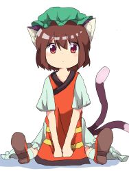 Rule 34 | 1girl, animal ear fluff, animal ears, brown eyes, brown hair, cat ears, cat tail, chen, commentary request, dress, expressionless, eyebrows hidden by hair, foreshortening, frills, full body, green hat, hair between eyes, hat, highres, light blush, looking at viewer, mi do rr, mob cap, multiple tails, nekomata, no earrings, red dress, red footwear, short hair, short sleeves, simple background, sitting, solo, tail, touhou, two tails, v arms, white background, white dress