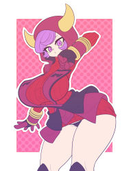 Rule 34 | 1girl, black panties, blush, breasts, courtney (pokemon), creatures (company), fake horns, game freak, gloves, highleg, highleg panties, highres, horned headwear, horns, kaikoinu, large breasts, long sleeves, looking at viewer, nintendo, open mouth, panties, pokemon, pokemon oras, purple eyes, purple hair, ribbed sweater, sweater, swept bangs, team magma, team magma uniform, thighs, underwear