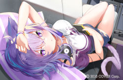 Rule 34 | 1girl, ahoge, animal ear fluff, animal ears, arm up, blue shorts, blush, breasts, cat ears, cat girl, cat tail, cellphone, commentary request, copyright notice, crop top, hair between eyes, headphones, headphones around neck, highres, holding, holding phone, hololive, indoors, kamioka shun&#039;ya, knees up, lying, medium breasts, midriff, nekomata okayu, official art, on back, phone, purple eyes, purple hair, purple shirt, shirt, short shorts, short sleeves, shorts, solo, tail, virtual youtuber, watermark, wooden floor