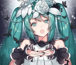 Rule 34 | 1girl, :o, alternate costume, aqua eyes, aqua hair, backlighting, bad id, bad pixiv id, bare shoulders, black nails, blush, bug, butterfly, flower, gradient background, green eyes, green hair, hair flower, hair ornament, hatsune miku, headset, hoshi usagi, insect, leaf, light particles, long hair, looking at viewer, nail polish, open mouth, rose, sleeveless, solo, twintails, upper body, very long hair, vocaloid, white flower, white rose, wrist cuffs