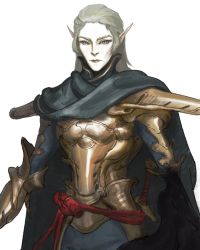 Rule 34 | 1boy, armor, blonde hair, blue eyes, breastplate, cape, closed mouth, cropped, elf, fantasy, gold, gold armor, grey cape, hair slicked back, highres, long hair, male focus, original, pauldrons, pointy ears, shadow, sheath, sheathed, shoulder armor, simple background, skiorh, solo, sword, vambraces, weapon, white background