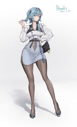 Rule 34 | abnaki, absurdres, alternate costume, artist name, bag, belt, black belt, black footwear, black pantyhose, blue hair, blue nails, blue skirt, breasts, casual, cleavage, collarbone, collared shirt, covered navel, dated, earrings, eula (genshin impact), genshin impact, hair between eyes, hair ornament, hairband, hand on own hip, hand up, high-waist skirt, high heels, highres, jewelry, large breasts, long sleeves, medium hair, pantyhose, pencil skirt, playing with own hair, shadow, shirt, shoulder bag, simple background, skirt, sleeve cuffs, smug, white background, white skirt, yellow eyes