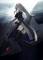 Rule 34 | 1girl, arknights, black capelet, black dress, black footwear, black thighhighs, boots, capelet, commentary, dress, facing to the side, from side, full body, garter straps, grey hair, high heel boots, high heels, highres, knee boots, long hair, long sleeves, off shoulder, open mouth, raitho, red eyes, shark, solo, specter (arknights), submerged, thigh strap, thighhighs, thighhighs under boots, underwater