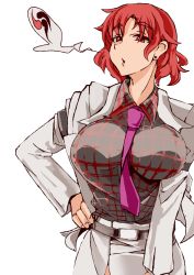 Rule 34 | 1girl, belt, blowing smoke, breasts, cowboy shot, hand on own hip, heiseikorotaisei, horikawa raiko, jacket, large breasts, looking at viewer, necktie, open clothes, open jacket, plaid, plaid shirt, red eyes, red hair, shirt, short hair, tomoe (symbol), touhou