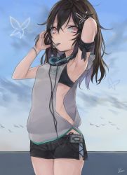 Rule 34 | 1girl, armband, armpits, black bra, black shorts, blue sky, bra, breasts, brown hair, bug, butterfly, butterfly hair ornament, cloud, contrail, copyright request, day, digital media player, grey shirt, hair between eyes, hair ornament, hair tie in mouth, hands in hair, headphones, hood, insect, klem, looking at viewer, mouth hold, ocean, pink eyes, shirt, short shorts, shorts, signature, sky, small breasts, solo, sports bra, standing, tying hair, underwear