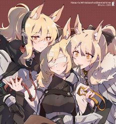 Rule 34 | 3girls, animal collar, animal ear fluff, animal ears, arknights, aunt and niece, bandages, bandages over eyes, black gloves, black sweater, blemishine (arknights), blindfold, blonde hair, blush, bow, breasts, chain, character name, cloak, closed mouth, collar, commentary, fur-trimmed cloak, fur trim, gloves, hair between eyes, hair bow, headphones, highres, horse ears, incest, kyou 039, long hair, looking at viewer, medium breasts, multiple girls, nearl (arknights), open mouth, orange eyes, patterned clothing, polka dot, polka dot background, ponytail, red background, ribbed sweater, siblings, simple background, sisters, smile, sweater, turtleneck, turtleneck sweater, twitter username, upper body, whislash (arknights), white cloak, yellow eyes, yuri