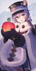 Rule 34 | 1boy, apple print, aqua eyes, bag, chorefuji, day, epel felmier, eyelashes, fur trim, hair between eyes, hat, head tilt, highres, holding, looking at viewer, male focus, mittens, mountain, open mouth, outdoors, own hands together, purple hair, smile, snowing, solo, sweater, teeth, tongue, twisted wonderland, upper teeth only, winter clothes