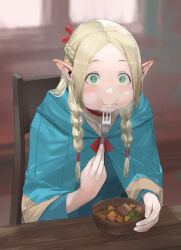 Rule 34 | 1girl, blazpu, blonde hair, blue cape, blue dress, blush, braid, cape, chair, commentary, commission, dress, dungeon meshi, eating, elf, english commentary, fingernails, food, food in mouth, fork, french braid, green eyes, hair ribbon, highres, holding, holding fork, indoors, long hair, looking at viewer, marcille donato, on chair, pointy ears, red ribbon, ribbon, sitting, smile, solo, table