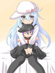Rule 34 | 10s, 1girl, :&gt;, :&lt;, akatsuki (kancolle), bad id, bad pixiv id, bed, blue eyes, character doll, hammer and sickle, hat, hibiki (kancolle), kantai collection, musouduki, neckerchief, on bed, outstretched arm, pantyhose, personification, red neckerchief, silver hair, sitting, skirt, solo, star (symbol), verniy (kancolle)
