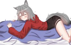 Rule 34 | 2girls, absurdres, animal ears, arknights, black one-piece swimsuit, blush, chewycandy, closed eyes, cropped jacket, grey hair, hair between eyes, happy, highres, hood, hood down, hooded jacket, hugging another&#039;s tail, jacket, large tail, long hair, long sleeves, lying, multiple girls, official alternate costume, on stomach, one-piece swimsuit, projekt red (arknights), projekt red (light breeze) (arknights), provence (arknights), red jacket, simple background, smile, split mouth, swimsuit, tail, hugging tail, white background, wolf ears, wolf girl, wolf tail