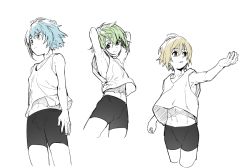 Rule 34 | 3boys, arms behind head, bad id, bad pixiv id, bike shorts, blue hair, brown hair, erubo, green hair, male focus, multiple boys, navel, outstretched arm, short hair, simple background, smile, tank top, white background