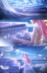 Rule 34 | 1girl, 3d, absurdres, bare back, chinese commentary, cloud, commentary request, crown, dawn, day, dress, elbow gloves, english text, feathers, gloves, grand piano, highres, instrument, light particles, lips, lipstick, long hair, makeup, music, nikki (miracle nikki), ocean, official art, outdoors, piano, piano keys, pink hair, playing instrument, playing piano, purple eyes, sheet music, shining nikki, solo, white dress, white gloves, wind