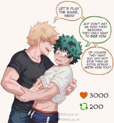 Rule 34 | 2boys, athena av, bakugou katsuki, bishounen, black shirt, blonde hair, boku no hero academia, clothes lift, commentary, couple, english commentary, english text, freckles, green hair, hands on another&#039;s back, hands on another&#039;s stomach, highres, holding, looking at another, male focus, midoriya izuku, midriff peek, multiple boys, open mouth, shirt, shirt lift, short hair, simple background, smile, speech bubble, spiked hair, teeth, white shirt, yaoi