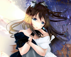 Rule 34 | 1girl, aqua eyes, artist name, artist request, back bow, bare shoulders, belt, black dress, black gloves, blue eyes, blush, bow, bow hairband, breasts, brooch, brown hair, buttons, choker, collarbone, diamond (gemstone), dress, drop earrings, earrings, evening gown, female focus, floating hair, gloves, grey belt, grey bow, hair between eyes, hair bow, hairband, half updo, high ponytail, highres, jewelry, lace, lace gloves, long hair, looking at viewer, love live!, love live! nijigasaki high school idol club, love live! school idol festival, multicolored clothes, multicolored dress, off-shoulder dress, off shoulder, osaka shizuku, outdoors, parted lips, pink lips, plaid, plaid dress, pleated, pleated dress, ponytail, sleeveless, sleeveless dress, small breasts, smile, solitude rain (love live!), solo, two-tone dress, upper body, wavy hair, white bow, white choker, white dress