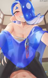 Rule 34 | 1boy, 1girl, breasts, bulge, cleavage, erection, erection under clothes, grin, hair over one eye, highres, imminent penetration, jtveemo, looking at viewer, navel, nintendo, octoling, red eyes, sarashi, see-through, shiver (splatoon), small breasts, smile, splatoon (series), splatoon 3