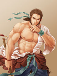 Rule 34 | 1boy, abs, bad id, bad pixiv id, bara, bare pectorals, beard, blue pants, facial hair, feet out of frame, finger to own chin, hadanugi dousa, japanese clothes, kimono, large pectorals, male focus, mature male, muscular, muscular male, navel, nipples, open clothes, open kimono, original, pants, pectorals, saolin (wudangx), short hair, solo, stomach, thick eyebrows, white kimono, wind