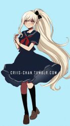 Rule 34 | 1girl, alternate costume, black bow, black shirt, black skirt, black socks, blonde hair, blue background, blush, bow, braid, brown footwear, casual, closed mouth, commentary, criis-chan, danganronpa (series), danganronpa 2: goodbye despair, full body, hair ornament, hands up, kneehighs, loafers, long hair, long skirt, looking at viewer, neckerchief, own hands together, pleated skirt, ponytail, sailor collar, shirt, shoes, short sleeves, skirt, smile, socks, solo, sonia nevermind, standing, symbol-only commentary, very long hair