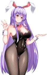 Rule 34 | 1girl, alternate costume, alternate eye color, animal ears, arms up, blush, bow, bowtie, breasts, cleavage, collarbone, covered navel, detached collar, feet out of frame, fishnet pantyhose, fishnets, highres, large breasts, leotard, long hair, looking at viewer, nosopoppor, pantyhose, pink eyes, playboy bunny, purple hair, rabbit ears, rabbit tail, red bow, red bowtie, reisen udongein inaba, sidelocks, simple background, smile, solo, standing, tail, thighs, touhou, white background, wrist cuffs, ||/