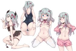Rule 34 | 1girl, alternate costume, alternate hairstyle, aqua eyes, asa (teng zi), ass, back, bad id, bad pixiv id, bandaid, bandaids on nipples, bare legs, bare shoulders, barefoot, bikini, black box, blush, bow, breasts, cameltoe, cosplay, demon horns, demon tail, eromanga sensei, feet, frills, from behind, full body, gloves, gluteal fold, groin, hand on own ass, highres, horns, izumi sagiri, kneeling, long hair, looking at viewer, looking back, looking to the side, micro bikini, multiple views, navel, one-piece swimsuit, pajamas, partially visible vulva, pasties, pink bikini, pink bow, plaster, pout, shorts, silver hair, simple background, small breasts, smile, standing, stomach, striped bikini, striped clothes, sweat, sweatdrop, swimsuit, tail, thighhighs, twintails, underboob, v, white background