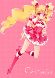 Rule 34 | 00s, 1girl, \m/, blonde hair, boots, bow, choker, corset, cure peach, earrings, fresh precure!, full body, hair ornament, hand on own hip, heart, heart hair ornament, jewelry, knee boots, long hair, magical girl, momozono love, pink background, pink bow, pink eyes, pink footwear, precure, ribbon, skirt, solo, twintails, uzuki aki, wrist cuffs