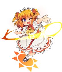 Rule 34 | 1girl, blue eyes, commentary request, fairy, fairy wings, fang, full body, ini (inunabe00), light, magic, mary janes, one eye closed, open mouth, orange hair, outstretched arms, photokinesis, red skirt, ribbon, shirt, shoes, short hair, skirt, smile, socks, solo, standing, standing on one leg, sunny milk, touhou, transparent background, two side up, white shirt, white socks, wings