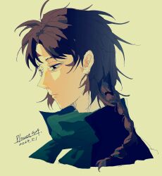 Rule 34 | 1boy, absurdres, black eyes, black jacket, braid, brown hair, closed mouth, commentary, dated, green scarf, harada minoru, highres, jacket, looking down, male focus, portrait, profile, saibou shinkyoku, scar, scar on face, scar on forehead, scarf, side braid, simple background, sketch, xiaogugu87440, yellow background