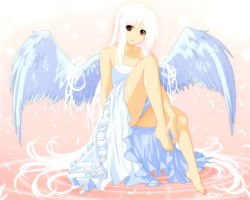 Rule 34 | albino, bare shoulders, barefoot, dress, legs, long hair, misato-chan, original, red eyes, solo, white hair, wings