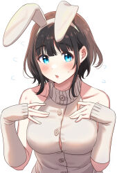 Rule 34 | 1girl, animal ears, bare shoulders, black hair, blue eyes, blush, breasts, brown hair, button gap, cleavage, collarbone, detached sleeves, fake animal ears, flying sweatdrops, grey shirt, hairband, hands on own chest, highres, large breasts, long sleeves, looking at viewer, multicolored hair, original, rabbit ears, shirt, simple background, sleeves past wrists, solo, sweatdrop, two-tone hair, upper body, white background, white hairband, yupi mild