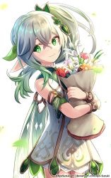 Rule 34 | 1girl, absurdres, artist name, bouquet, bracelet, cape, closed mouth, commentary, cross-shaped pupils, detached sleeves, dress, flower, genshin impact, gradient hair, green cape, green eyes, green hair, green sleeves, hair ornament, highres, holding, holding bouquet, jewelry, leaf hair ornament, long hair, multicolored hair, nahida (genshin impact), pointy ears, ryo-suzuki, side ponytail, smile, solo, symbol-shaped pupils, white dress, white hair