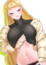 Rule 34 | 1girl, black sweater, breasts, brown jacket, clothes lift, clothes pull, denim, dosanko gal wa namaramenkoi, drop shadow, fuyuki minami, groin, half-closed eyes, highres, ikada kai, jacket, jeans, large breasts, looking at viewer, midriff, navel, pants, pants pull, parted lips, ribbed sweater, simple background, smile, solo, sweater, sweater lift, white background