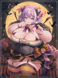 Rule 34 | 1girl, absurdres, agano mai, bat (animal), blue eyes, border, breasts, candy, character request, cleavage, copyright request, cowboy shot, dot nose, fat, food, hair between eyes, highres, horns, large breasts, lollipop, looking at viewer, moon, outside border, purple hair, solo, striped clothes, striped thighhighs, thick arms, thick thighs, thighhighs, thighs, virtual youtuber