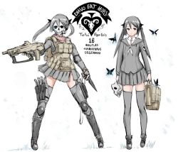 Rule 34 | 1girl, armor, asymmetrical dual wielding, black hair, black thighhighs, bug, bullpup, butterfly, combat knife, crest, dual persona, dual wielding, elbow pads, flat chest, greaves, gun, hair ribbon, holding, holster, insect, knee pads, knife, load bearing vest, long hair, mask, military operator, milizian!, motto, neckerchief, original, ribbon, school uniform, skirt, solo, thigh holster, thighhighs, trigger discipline, twintails, weapon, yrafy