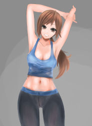 Rule 34 | 1girl, absurdres, armpits, arms up, breasts, brown eyes, brown hair, capri pants, cleavage, highres, iqoru, large breasts, long hair, midriff, navel, nintendo, pants, ponytail, smile, solo, spandex, super smash bros., tank top, wii fit, wii fit trainer, wii fit trainer (female)