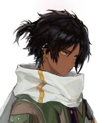 Rule 34 | 1boy, arknights, black hair, braid, dark-skinned male, dark skin, ear piercing, geebee 79, jacket, looking at viewer, male focus, orange eyes, parted lips, piercing, ponytail, scarf, short ponytail, side braid, simple background, solo, thorns (arknights), upper body, white background, white scarf