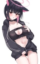 Rule 34 | 1girl, acedia, animal ears, black bra, black choker, black hair, black jacket, blue archive, blush, bra, cat ears, cat lingerie, choker, colored inner hair, commentary, cowboy shot, extra ears, gluteal fold, highres, jacket, kazusa (blue archive), long sleeves, meme attire, multicolored hair, open clothes, open jacket, open mouth, pink hair, red eyes, short hair, simple background, solo, underwear, white background