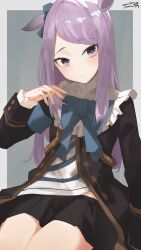 Rule 34 | 1girl, animal ears, aqua bow, black jacket, black skirt, blue bow, blush, border, bow, closed mouth, commentary request, frilled jacket, frills, grey background, highres, horse ears, horse girl, jacket, long hair, long sleeves, looking at viewer, mejiro mcqueen (umamusume), open clothes, open jacket, pleated skirt, purple eyes, purple hair, shirt, signature, simple background, skirt, solo, striped clothes, striped shirt, tami2004, thighs, umamusume, white border