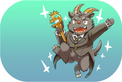 Rule 34 | 1boy, black suit, body fur, creature, ei (marutendon), fangs, full body, furry, furry male, goat boy, goat horns, goat tail, holding, holding staff, horns, male focus, no pants, one eye closed, salomon (housamo), short hair, solo, staff, suit, thick eyebrows, tokyo houkago summoners